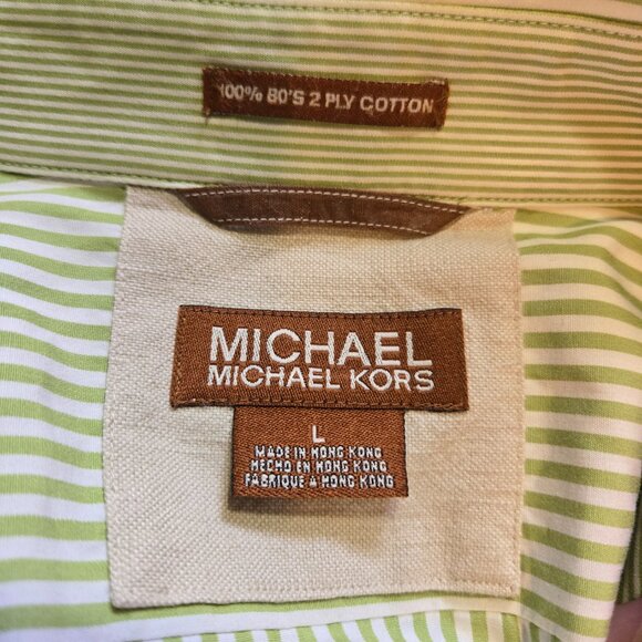 Michael Kors Mens Dress Shirt Green & White Striped Squares 100% 80s 2ply Cotton - Picture 5 of 6